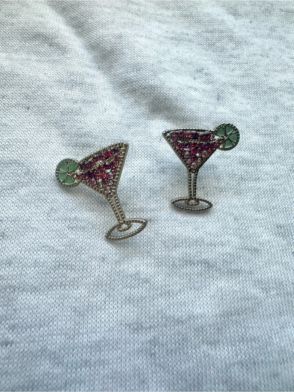 Sparkling Pink Martini Stud Earrings with Green Accent